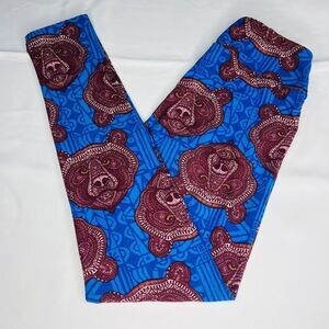 LulaRoe OS Leggings Maroon Mosaic Bears X Unicorn On A Blue Background 0666
